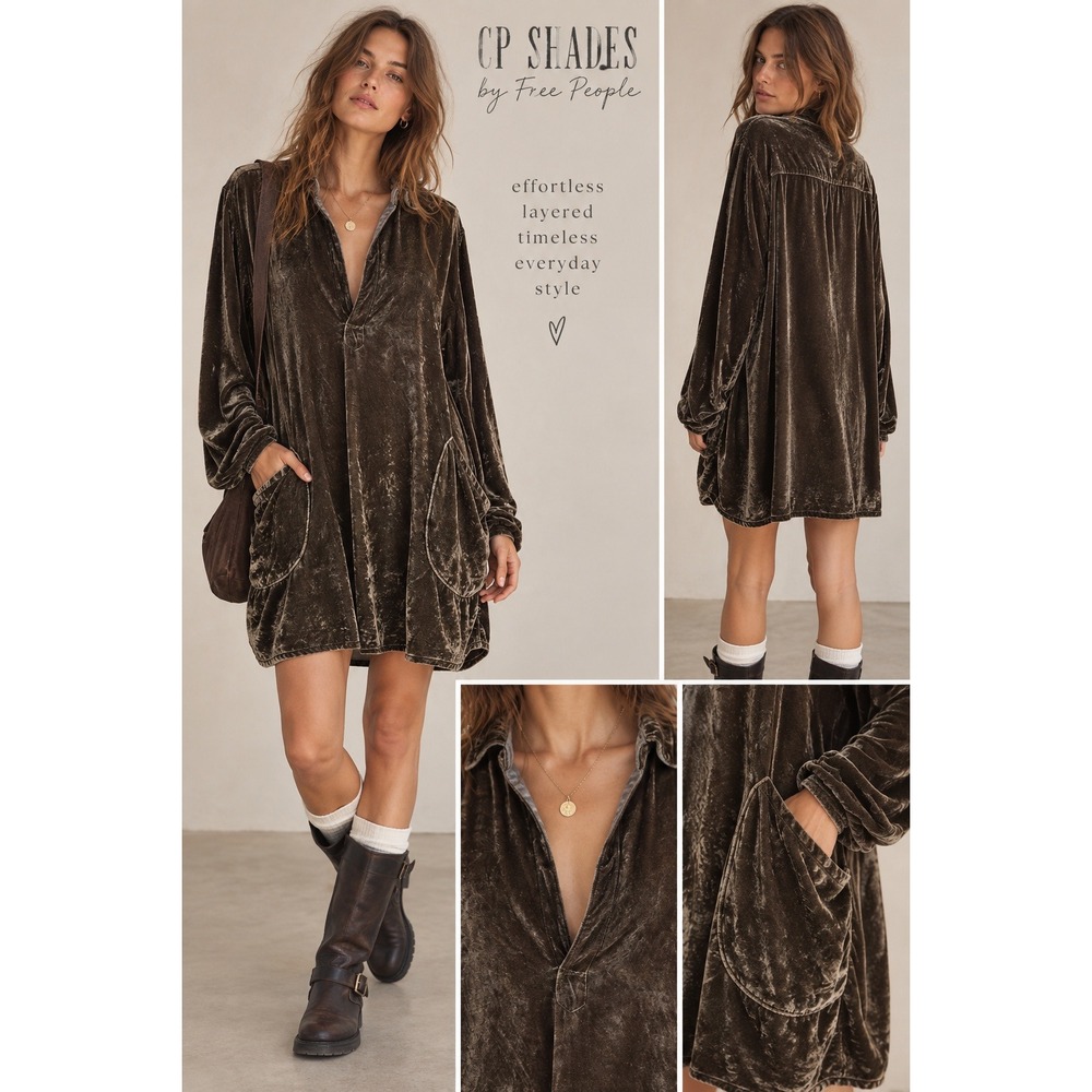 CP Shades Brown Velvet Tunic Top Size S Silk Rayon Boho Pockets Long Sleeve